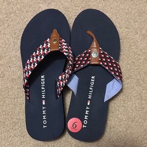 Tommy Hilfiger Blue Flip Flops with Red and White Pattern